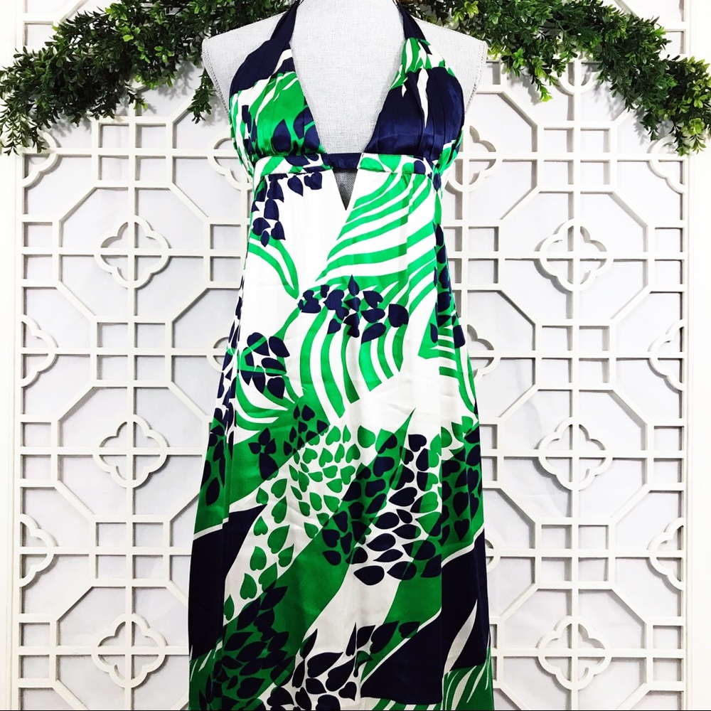 Yumi Kim Green Navy White Floral Silk Halter Dress